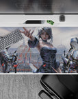 40x20 inches anime desk pad in soft grays and icy blues with red petal accents, dramatic romantic mood.