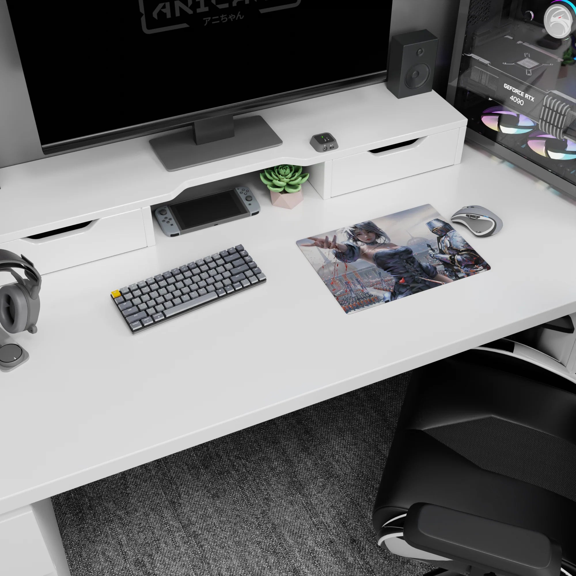 Silver-haired anime heroine reaching out on mouse pad 14x10 inches, gleaming knights behind her.