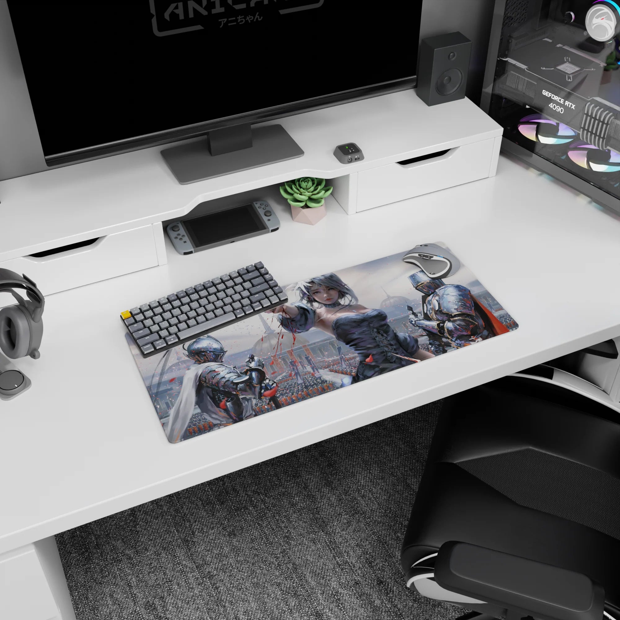 28x12 inches anime girl mouse pad showing a silver-haired heroine reaching out amid gleaming knights.