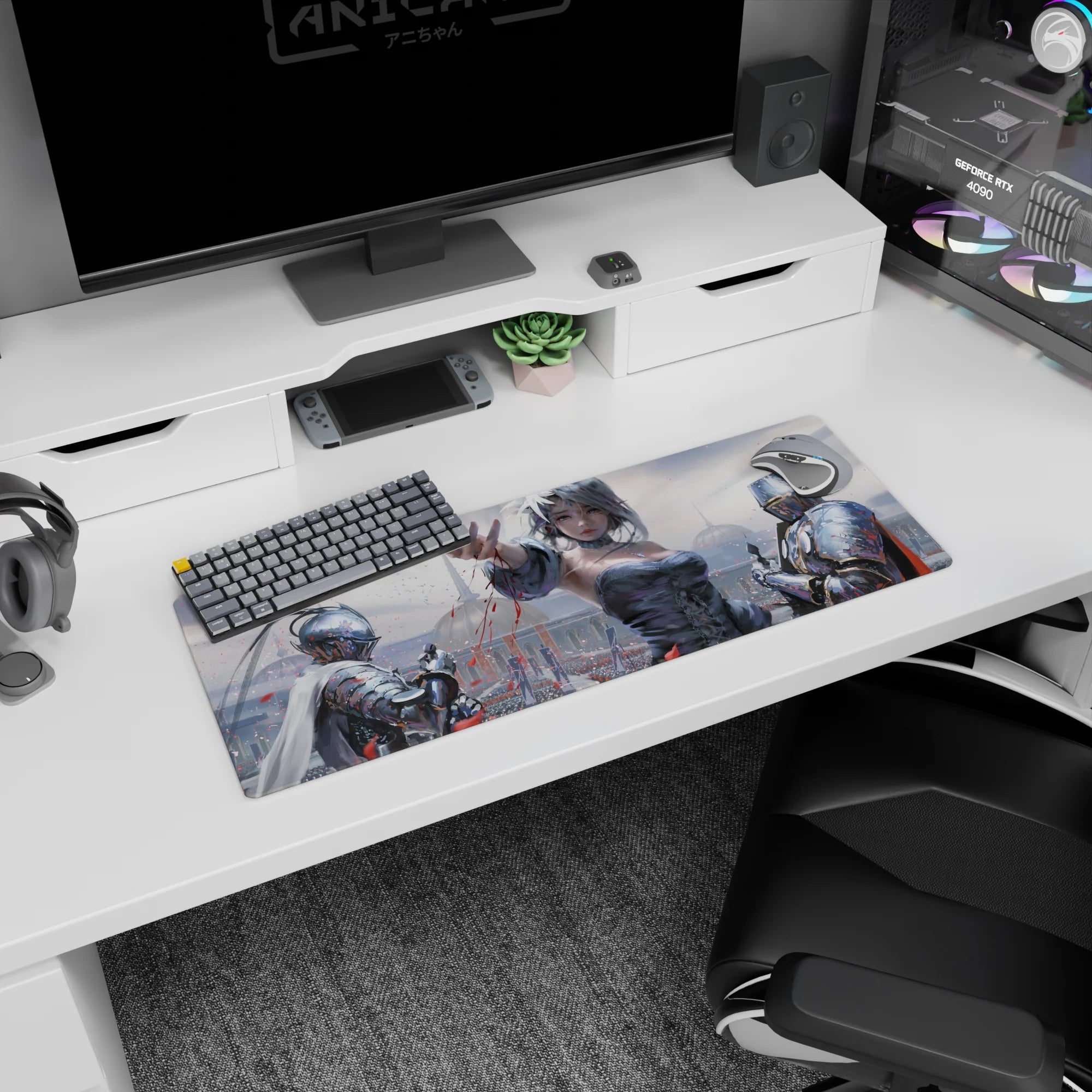 32x12 inches extended mouse pad showing a silver-haired anime heroine reaching out amid gleaming knights.