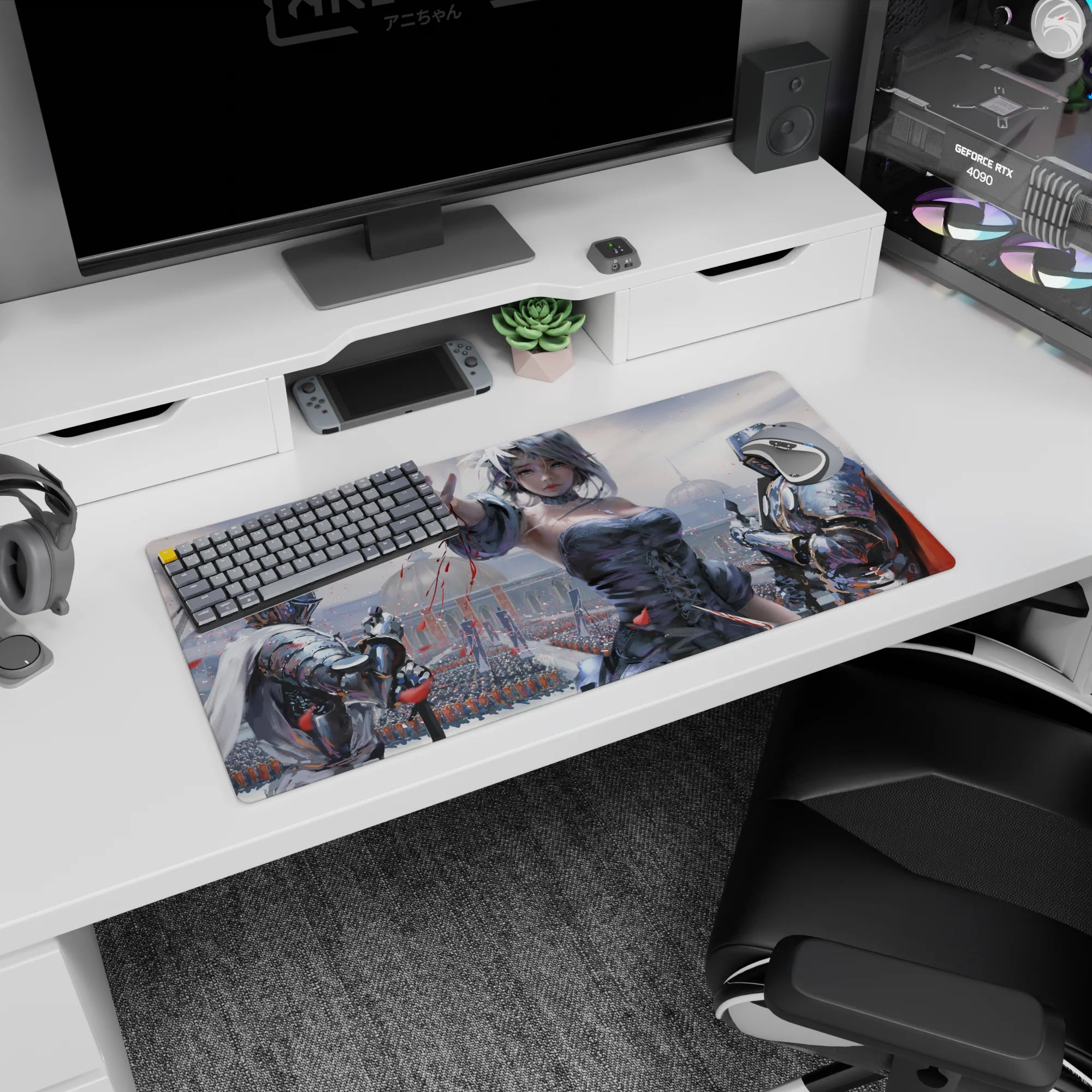 32x16 inches anime mouse pad showing a silver-haired heroine reaching out, framed by gleaming knights.