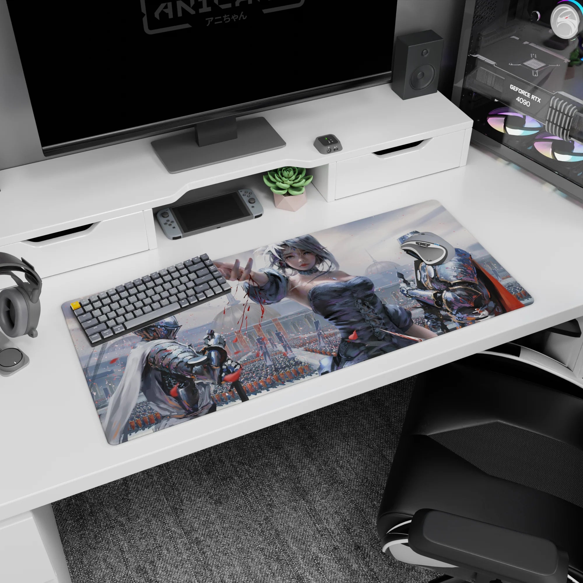 Anime girl desk pad 36x16 inches showing silver-haired girl reaching out, framed by shining knights.
