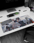 Anime girl desk pad 36x16 inches showing silver-haired girl reaching out, framed by shining knights.