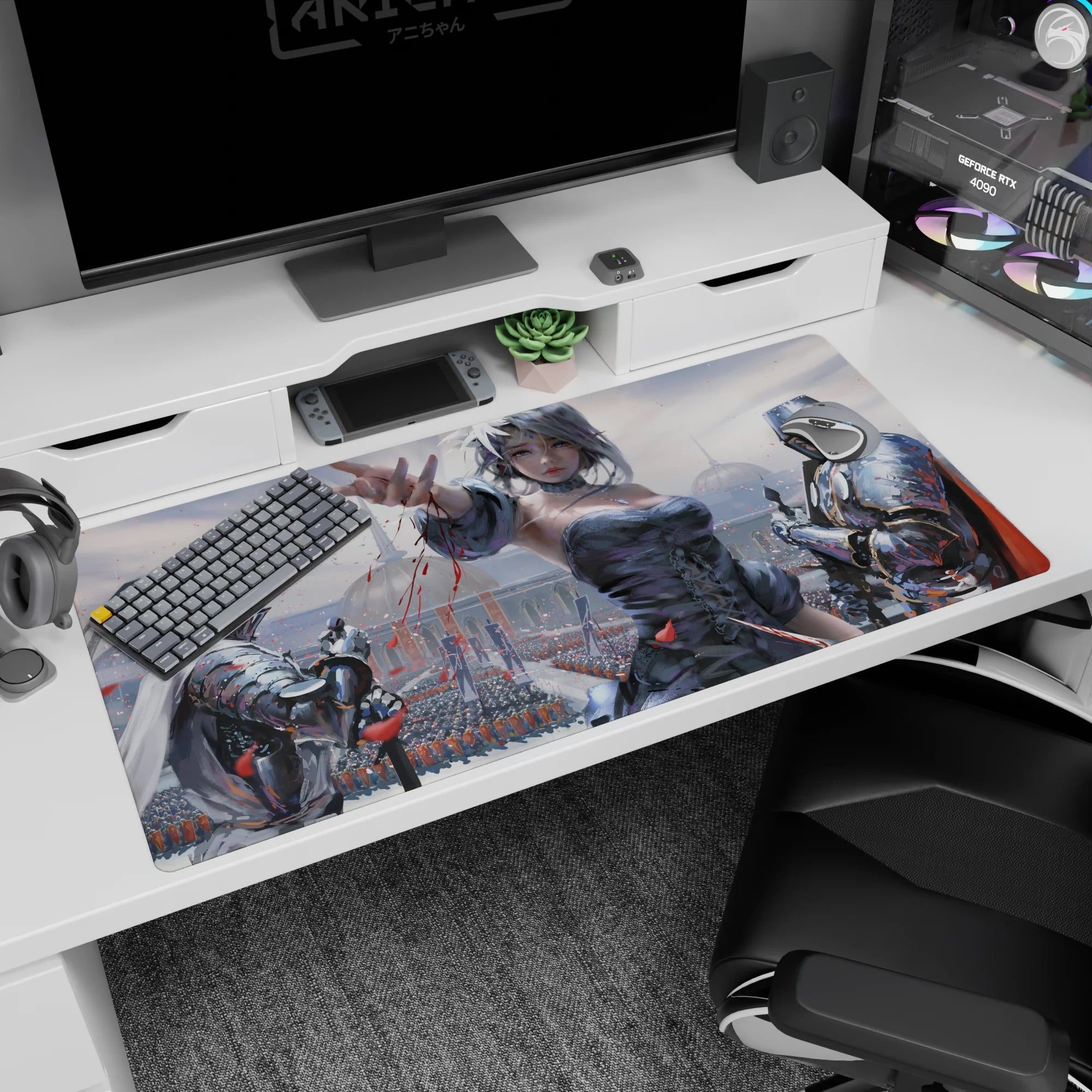 40x20 inches anime girl mouse pad showing a silver-haired heroine reaching out, framed by shining knights.