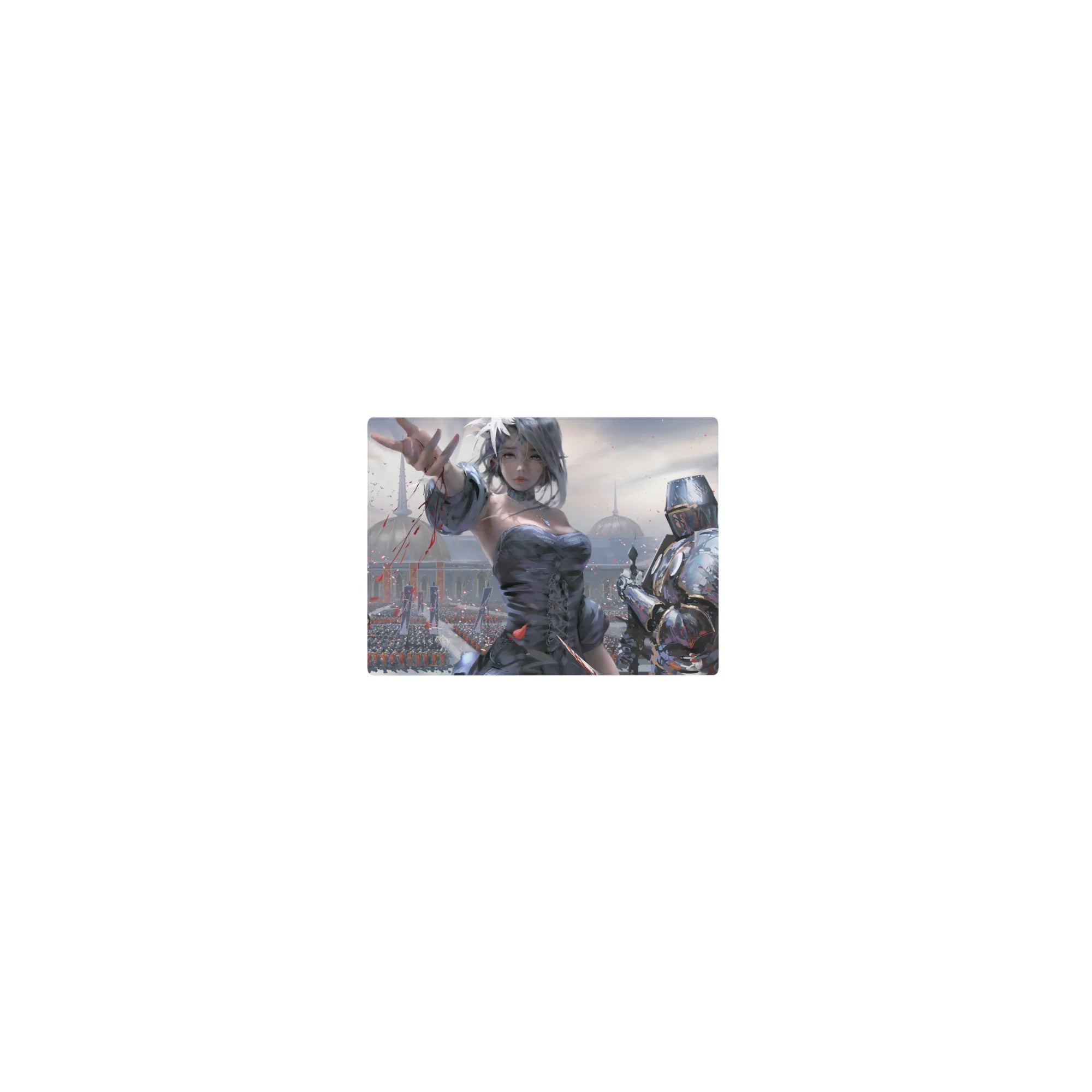 Classic anime girl mouse pad 14x10 inches with silver-haired heroine, knights, and cathedral skyline.