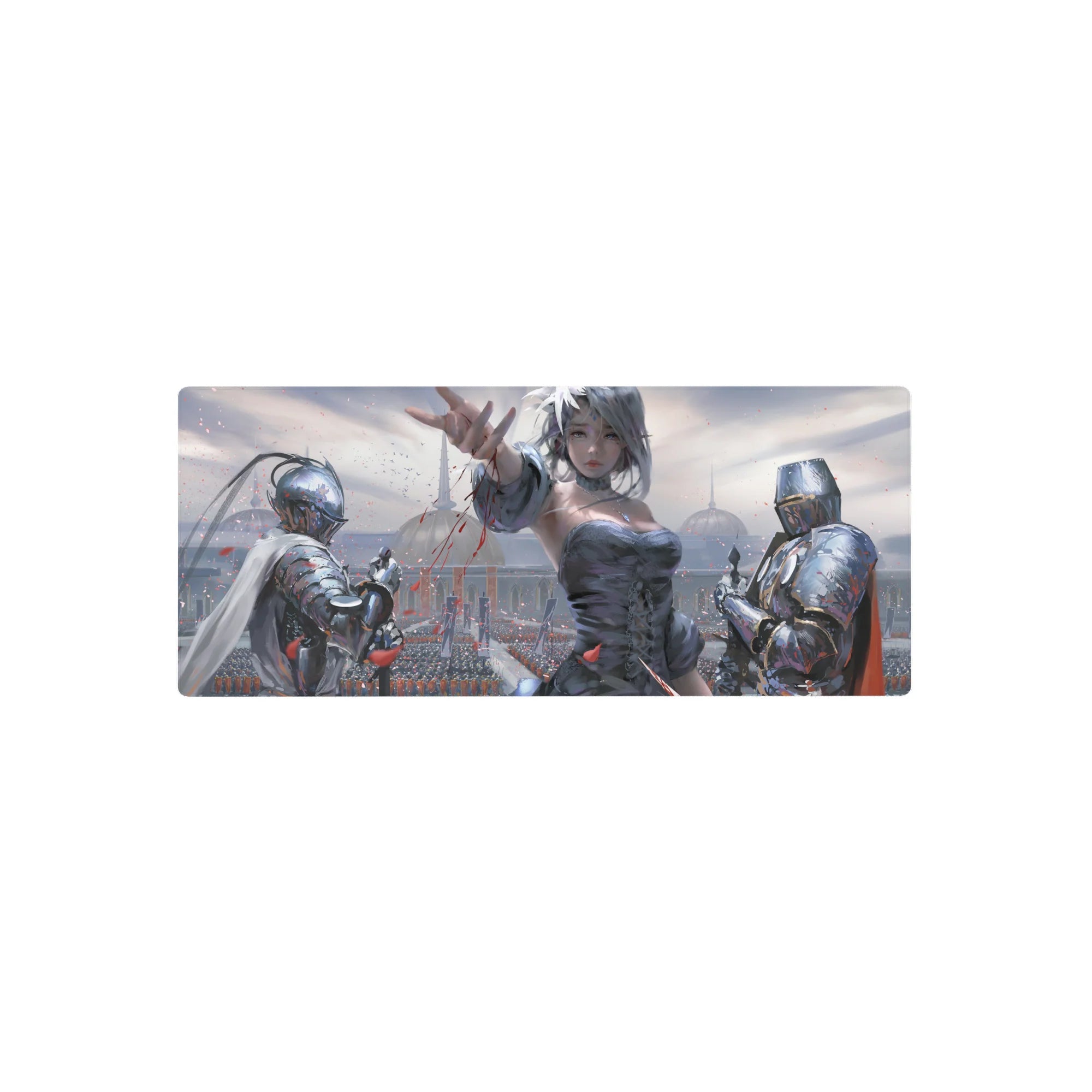 28x12 inches anime girl mouse pad with silver-haired heroine, knights, and cathedral skyline fantasy art.