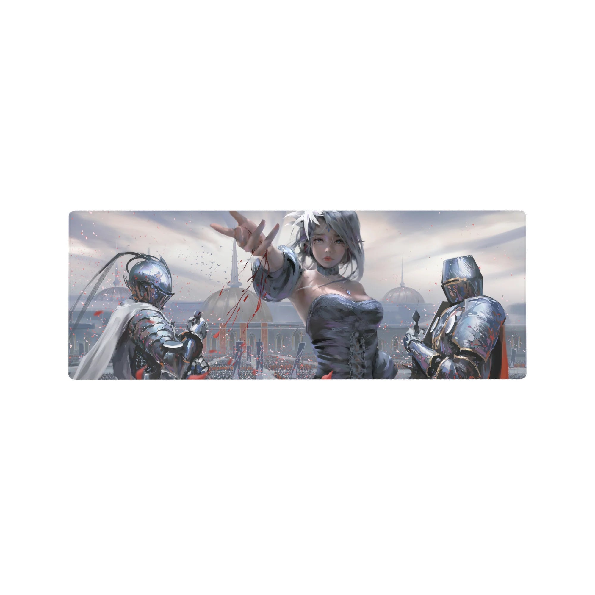32x12 inches anime girl mouse pad with silver-haired heroine, knights, and cathedral skyline fantasy art.