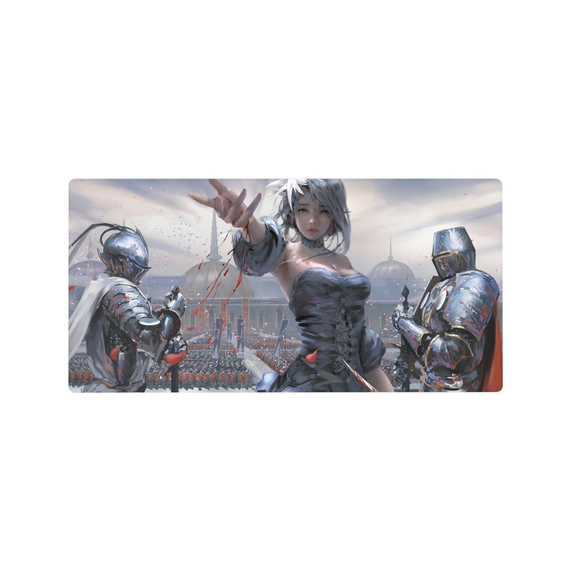 32x16 inches anime girl mouse pad with silver-haired heroine, knights, and cathedral skyline fantasy art.