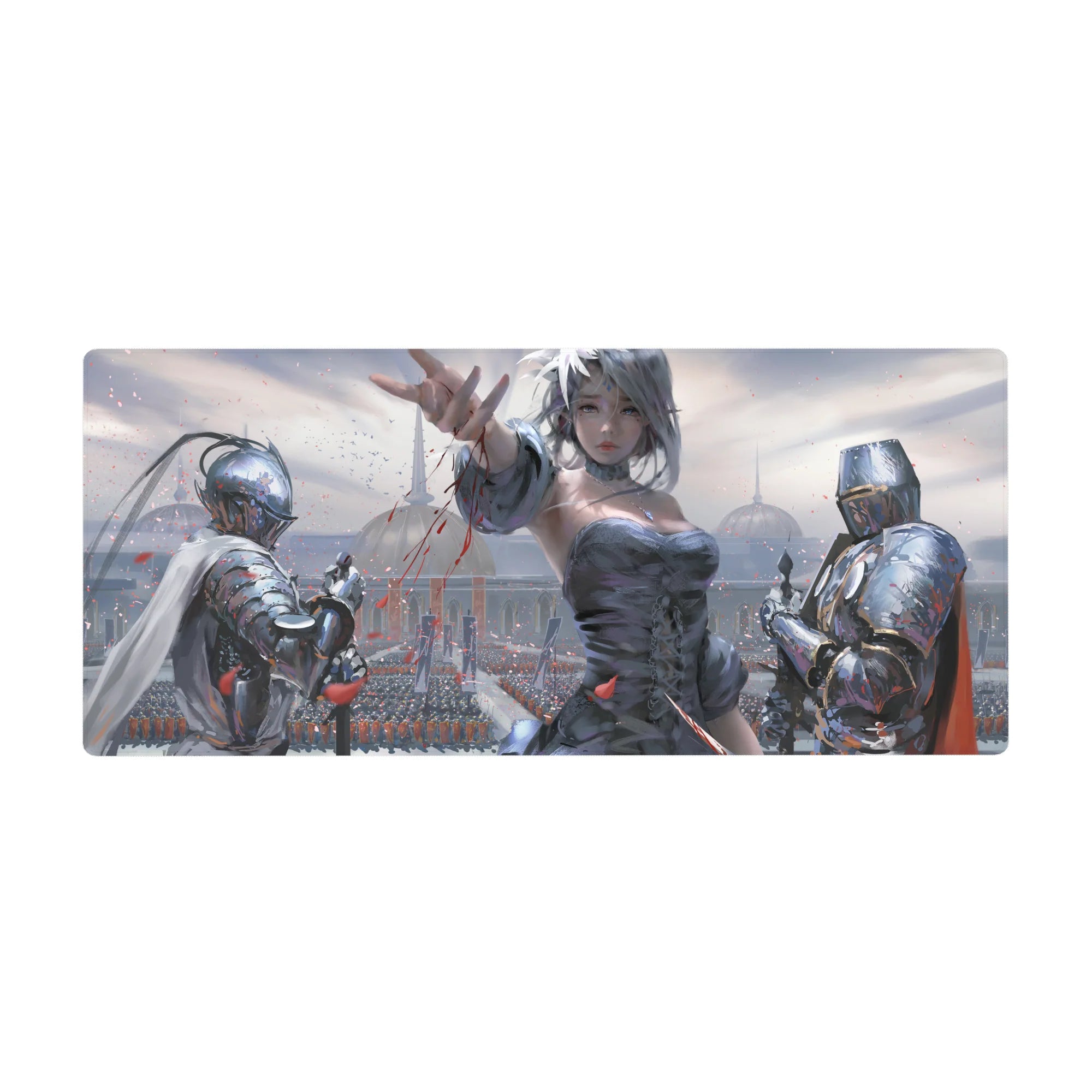 Anime girl desk pad 36x16 inches with silver-haired heroine, knights, and cathedral fantasy skyline.