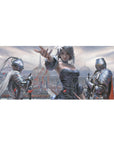 Anime girl desk pad 36x16 inches with silver-haired heroine, knights, and cathedral fantasy skyline.