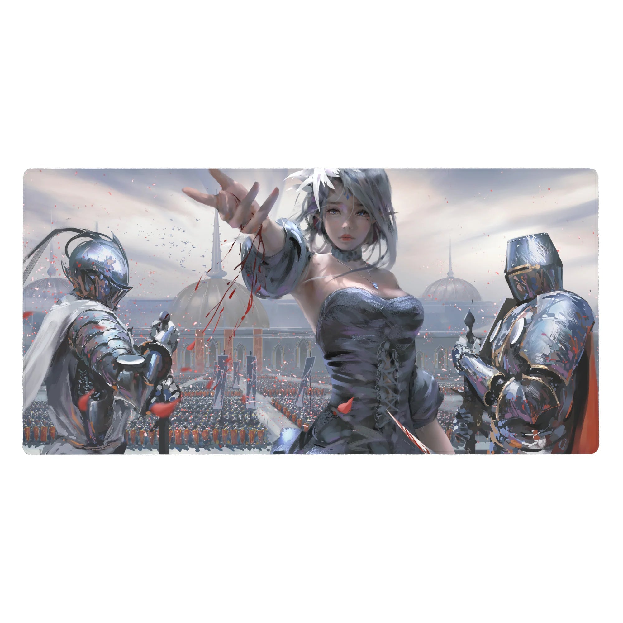 40x20 inches anime girl desk pad with silver-haired heroine, knights, and cathedral skyline fantasy art.