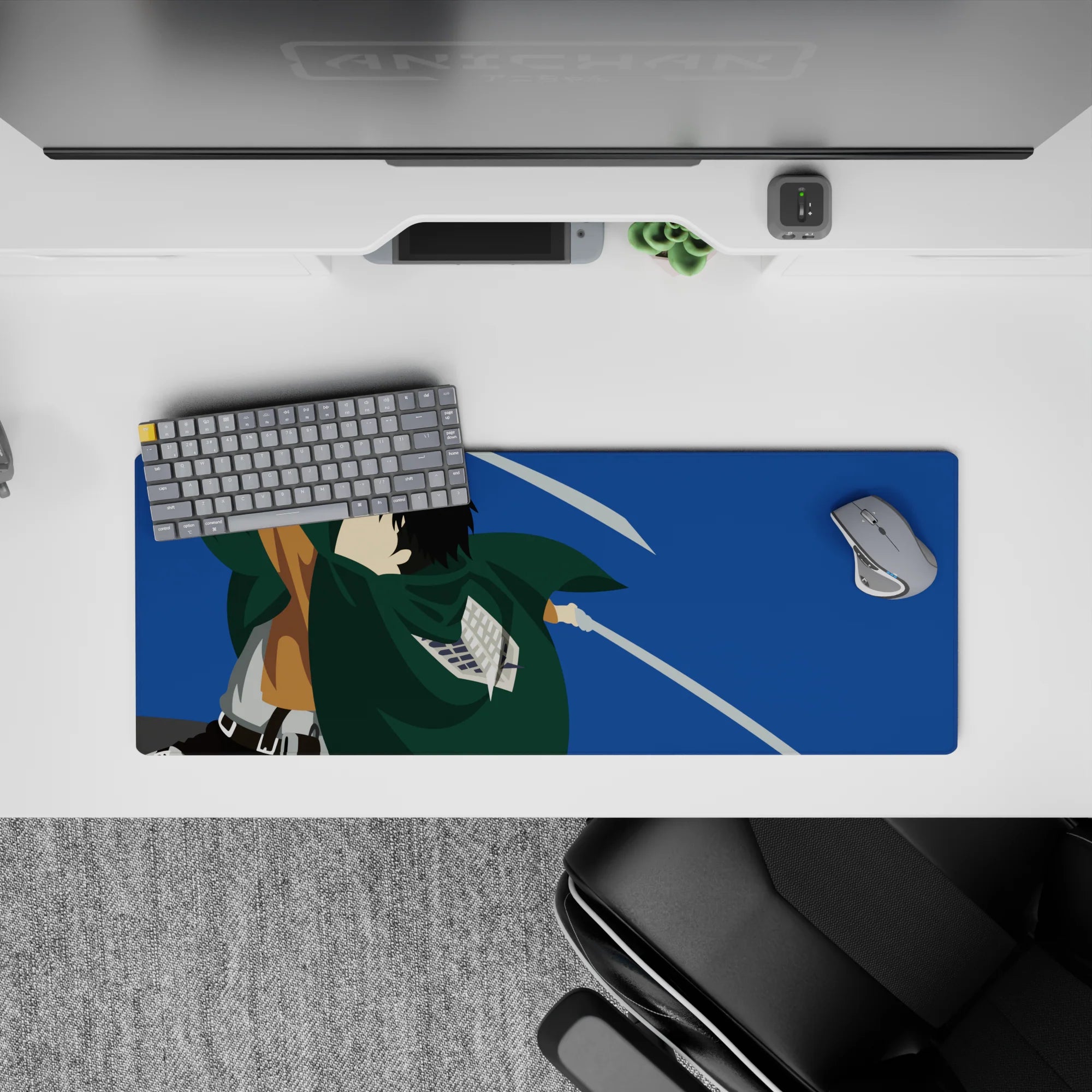 Anime mouse pad 32x12 inches featuring Scout Regiment soldier from Attack on Titan, blades drawn mid-air against blue sky.