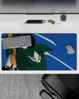 Anime mouse pad 32x16 inches featuring Scout Regiment soldier silhouette from Attack on Titan, mid-air with drawn blades.