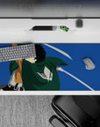 Attack on Titan desk pad 36x16 inches, featuring a Scout Regiment soldier in action with drawn blades against a blue sky.