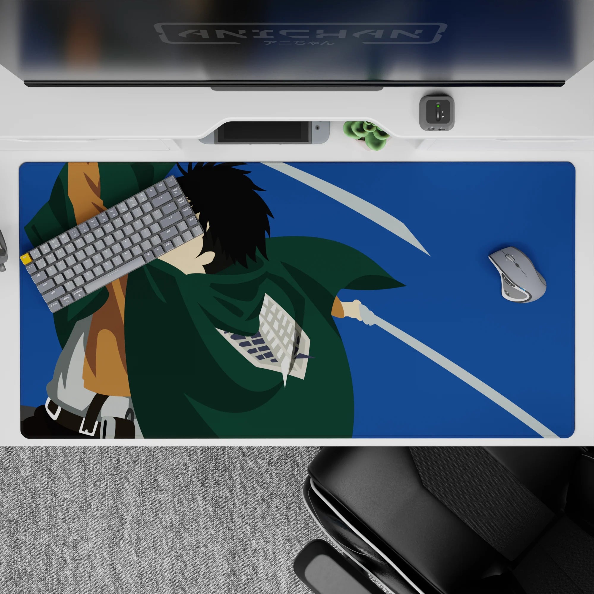 Anime desk pad 40x20 inches featuring a Scout Regiment soldier from Attack on Titan, mid-air with blades drawn.