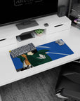 Anime mouse pad 28x12 inches featuring Scout Regiment soldier from Attack on Titan, with green cloak and silver swords.