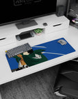 Anime mouse pad 32x12 inches featuring stylized Scout Regiment soldier from Attack on Titan, blades drawn mid-air.