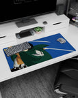 Anime mouse pad 32x16 inches featuring a stylized Scout Regiment soldier from Attack on Titan, blades drawn mid-air.
