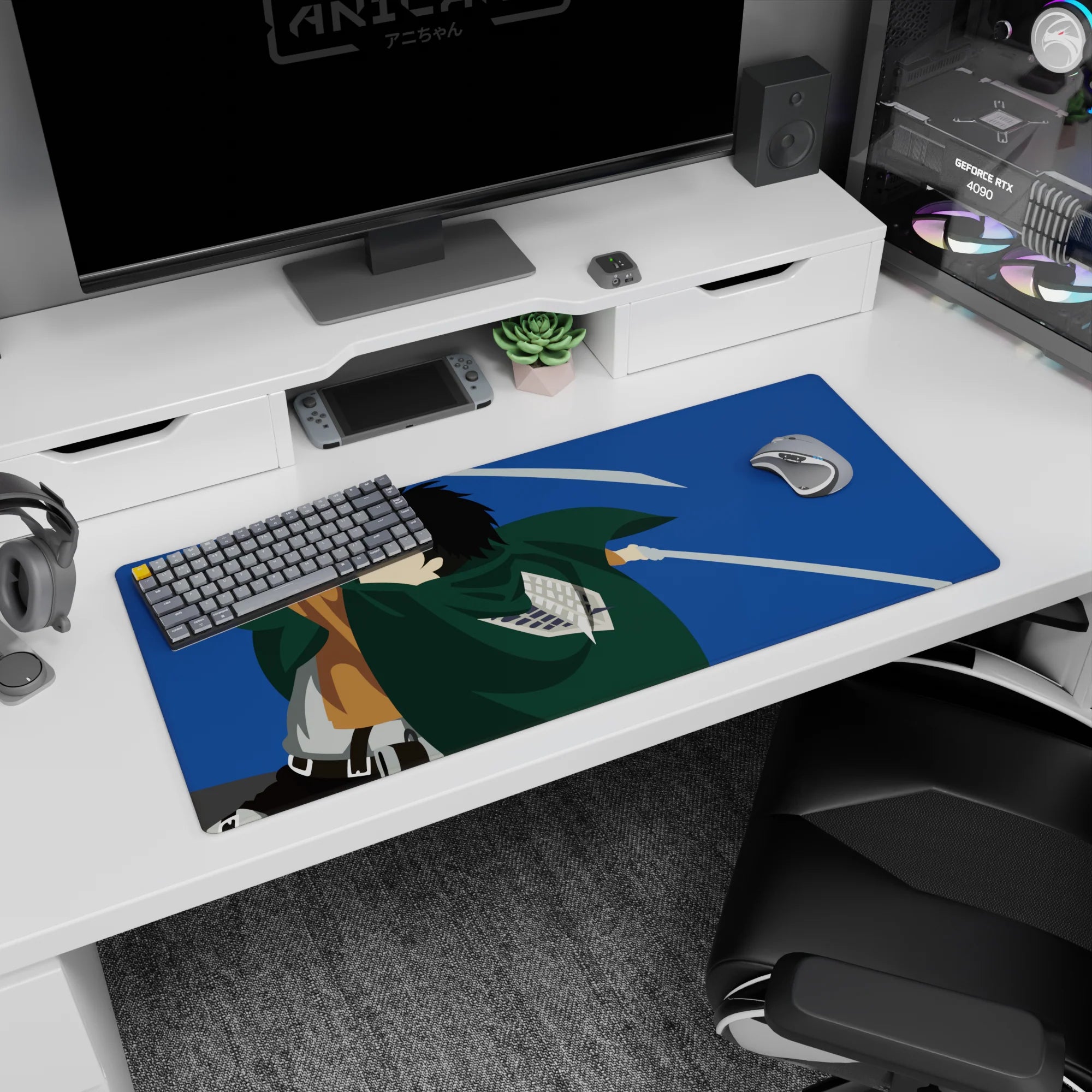 Anime desk pad 36x16 inches featuring Scout Regiment silhouette from Attack on Titan, blades drawn against blue sky.