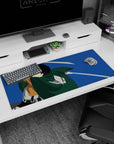 Anime desk pad 36x16 inches featuring Scout Regiment silhouette from Attack on Titan, blades drawn against blue sky.