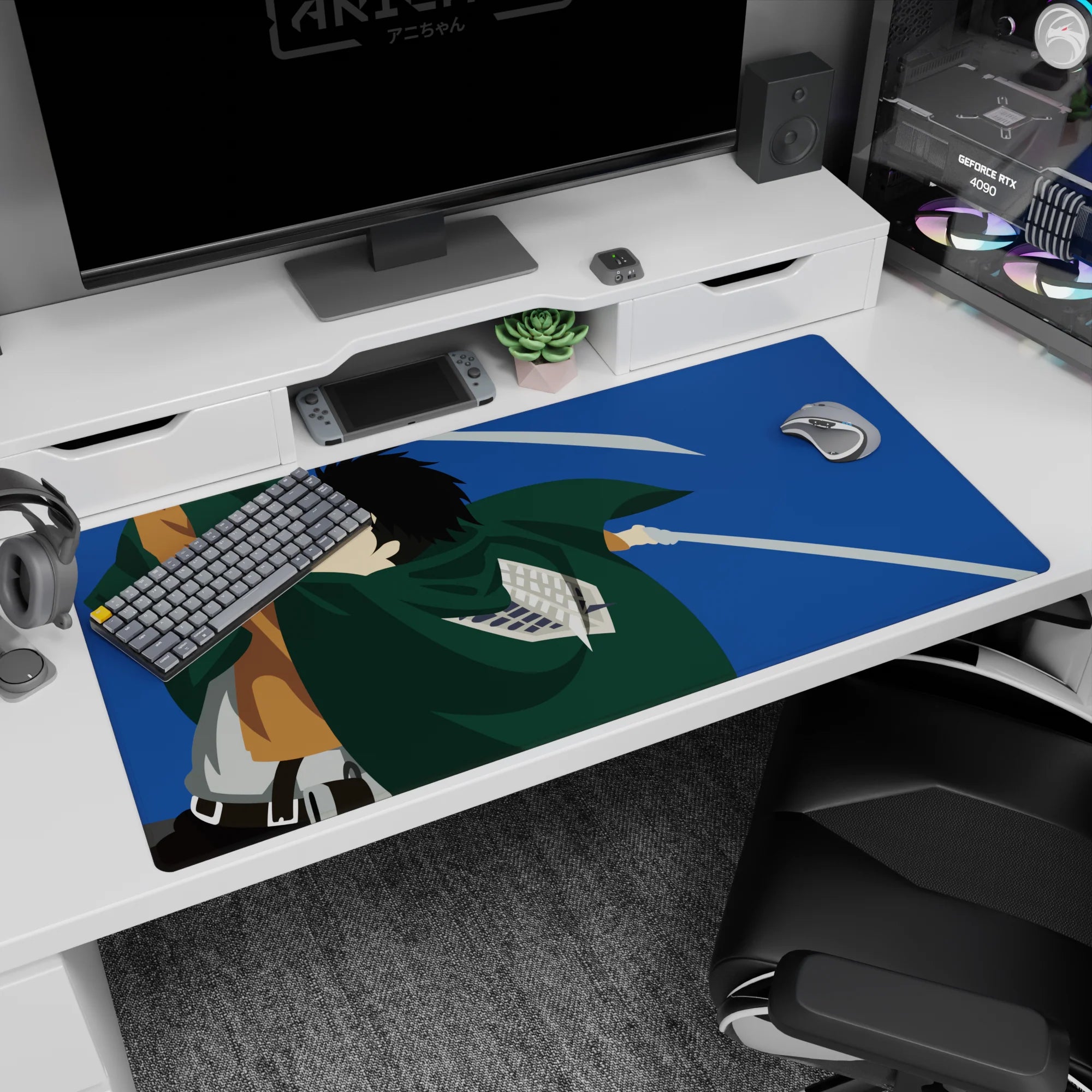 Anime desk pad 40x20 inches featuring Scout Regiment soldier from Attack on Titan, in action with blades drawn.