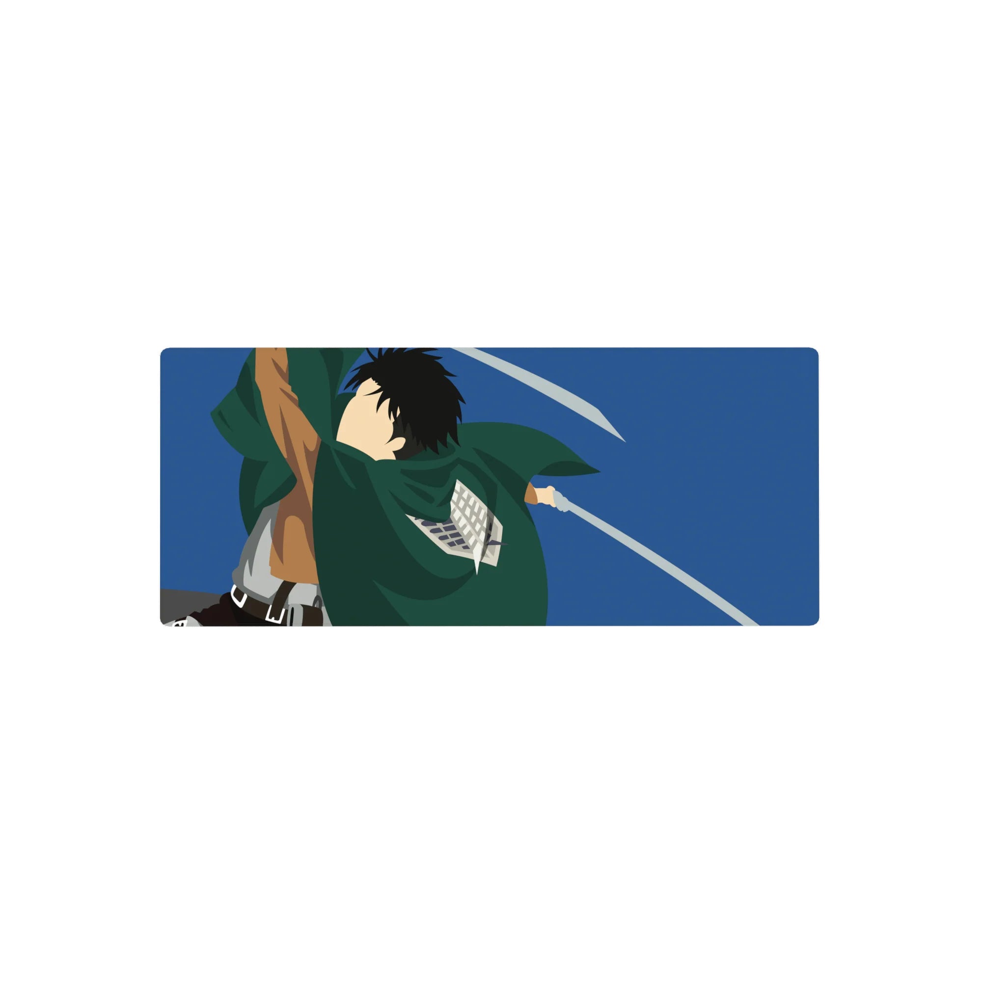 Anime mouse pad 28x12 inches featuring a stylized silhouette of a Scout Regiment soldier from Attack on Titan, blades drawn.