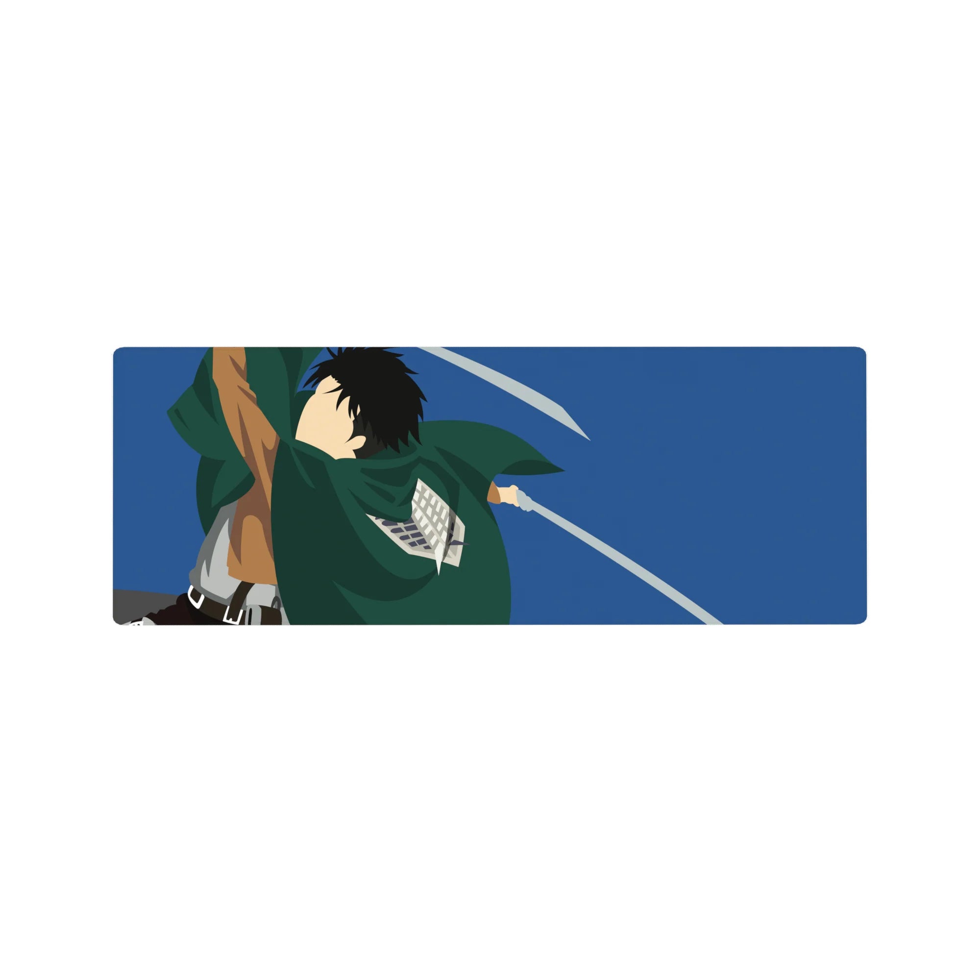 Anime mouse pad 32x12 inches featuring Scout Regiment soldier from Attack on Titan, in action with blades drawn.