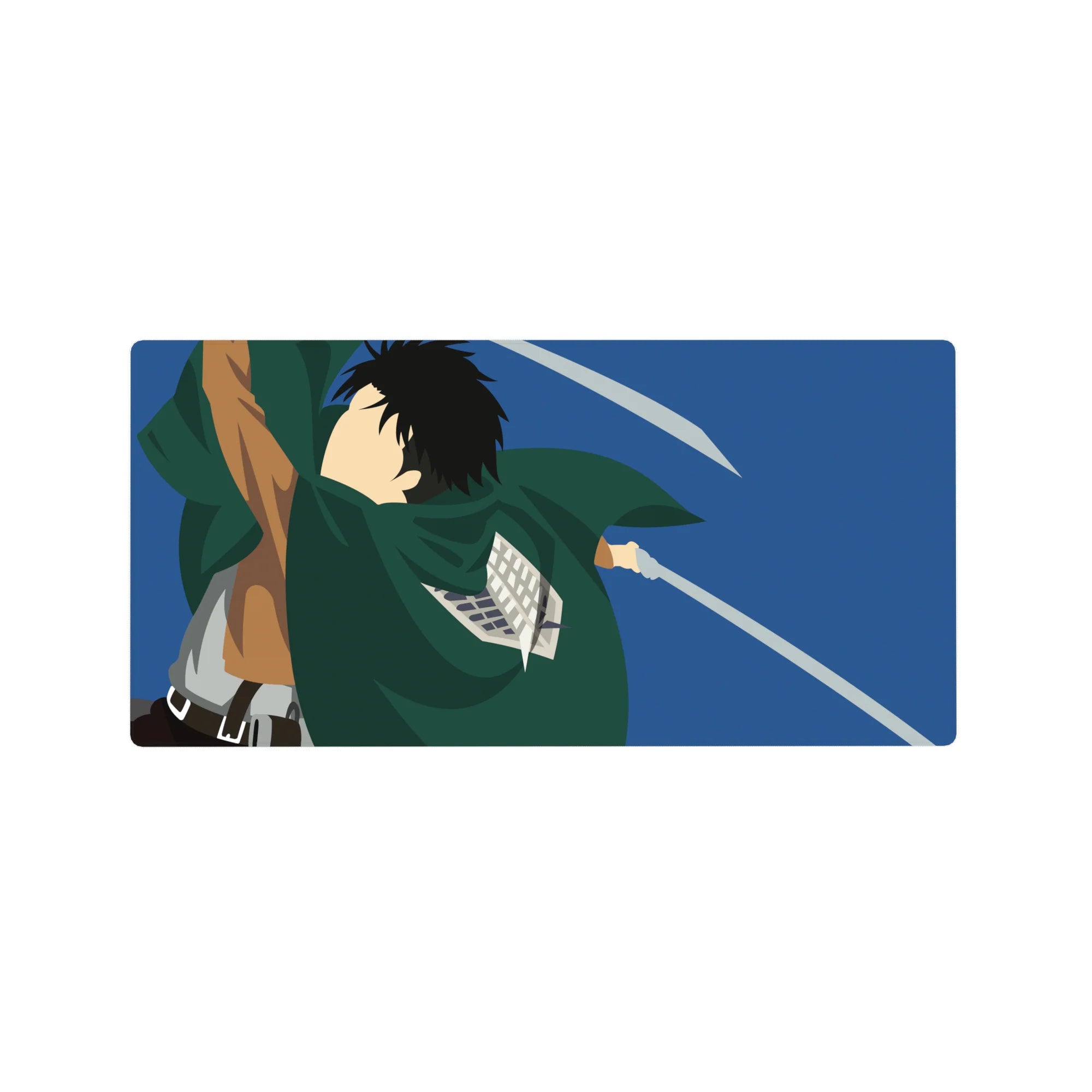 Attack on Titan mouse pad 32x16 inches, featuring a Scout Regiment soldier in action with swords drawn against a blue sky.