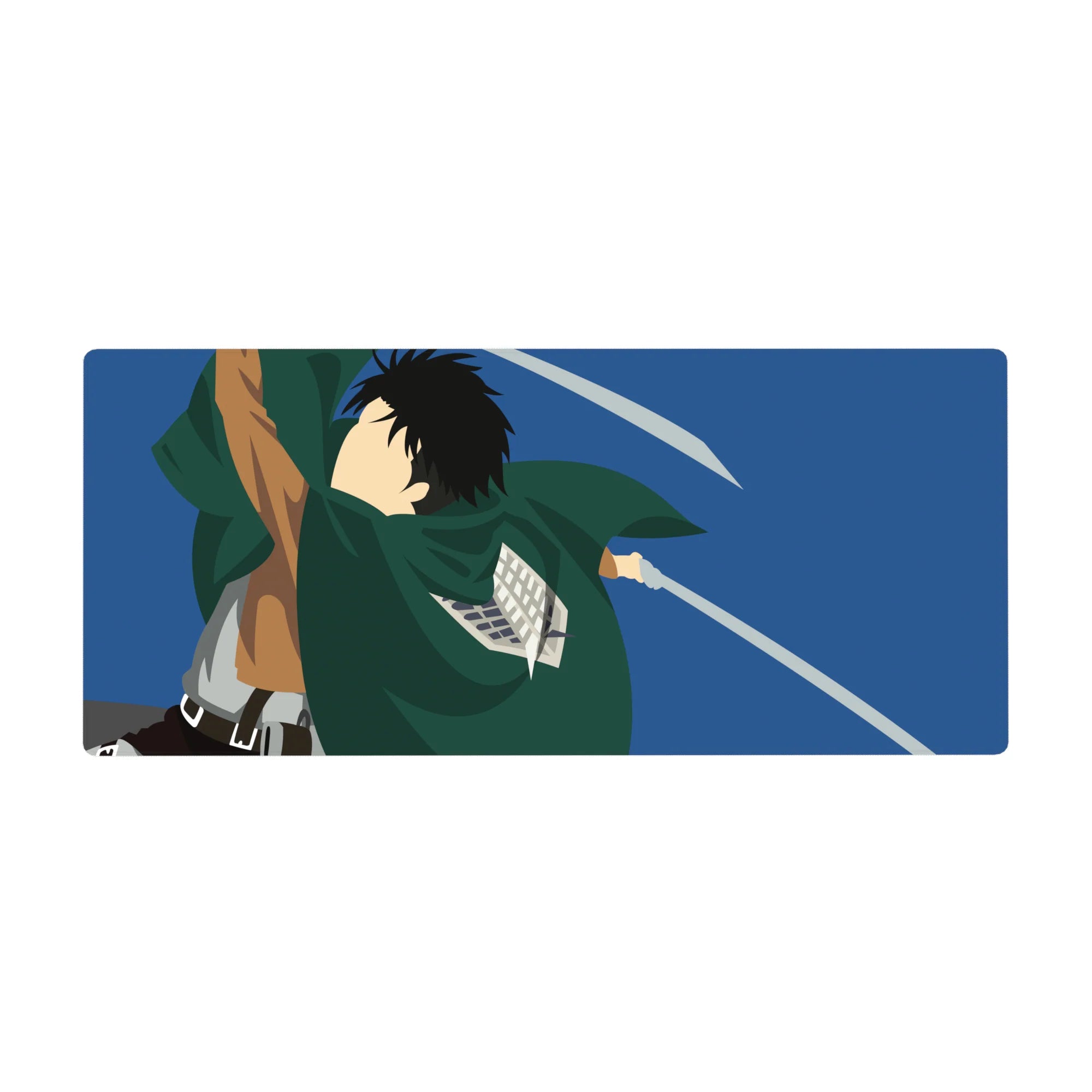 Anime desk pad 36x16 inches featuring a Scout Regiment soldier from Attack on Titan, mid-air with drawn blades against blue sky.