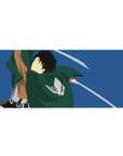 Anime desk pad 36x16 inches featuring a Scout Regiment soldier from Attack on Titan, mid-air with drawn blades against blue sky.