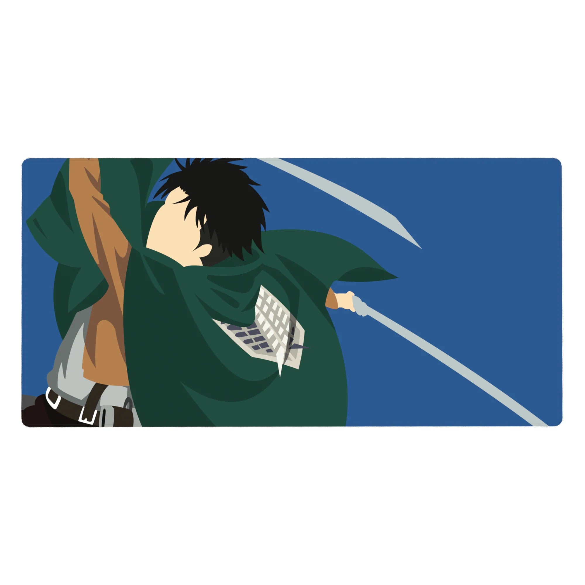 Anime mouse pad 40x20 inches featuring Scout Regiment soldier from Attack on Titan, dynamic silhouette in action.