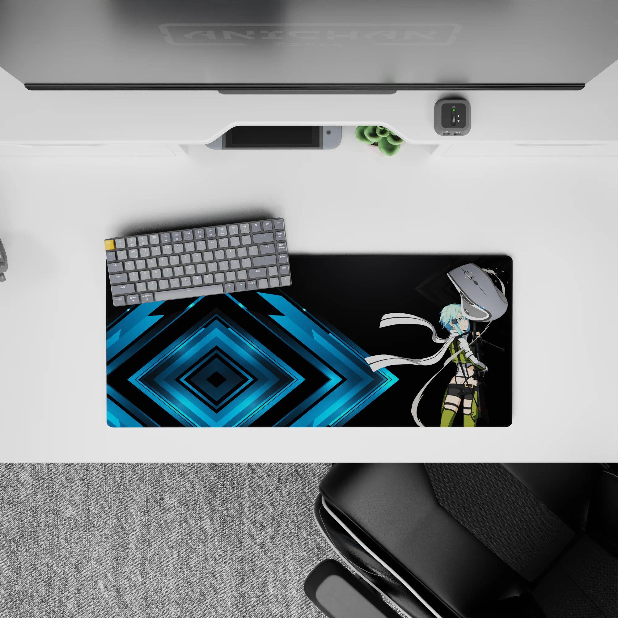 Anime mouse pad featuring Sinon from Sword Art Online, size 28x12 inches, with electric blue backdrop and sharp geometric design.