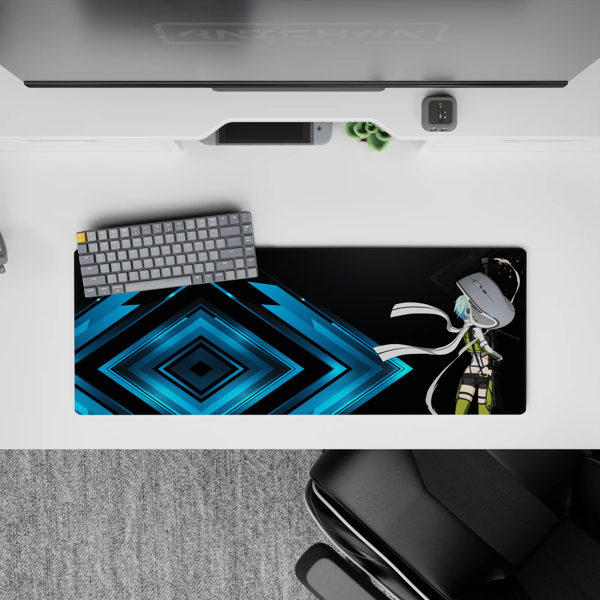 Anime mouse pad featuring Sinon from Sword Art Online, size 32x12 inches, in a stylish black and cyan design with white scarf.