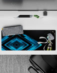 Anime mouse pad featuring Sinon from Sword Art Online, size 32x12 inches, in a stylish black and cyan design with white scarf.