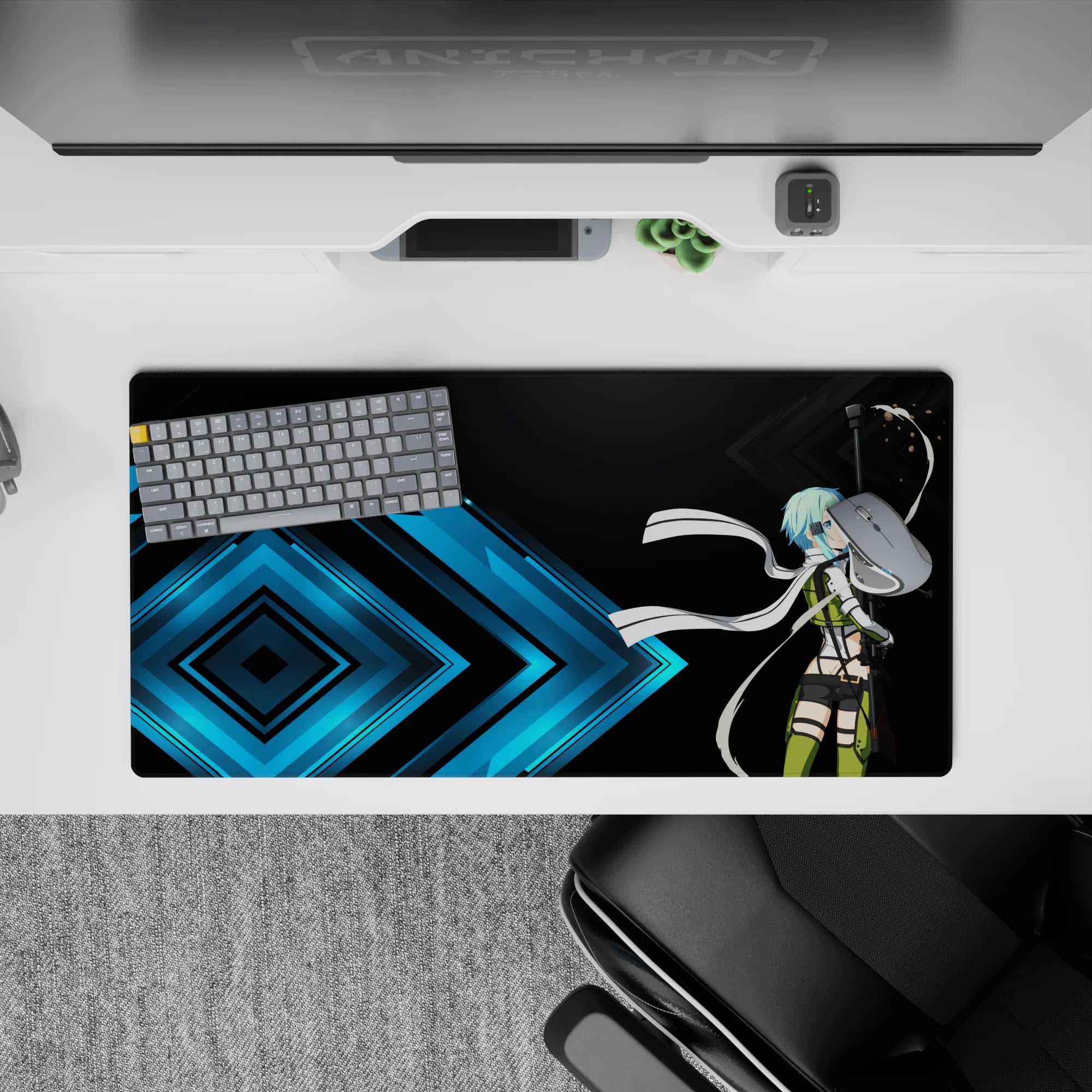 Anime mouse pad 32x16 inches featuring Sinon from Sword Art Online, showcasing her poised with a sniper, set against electric blues.