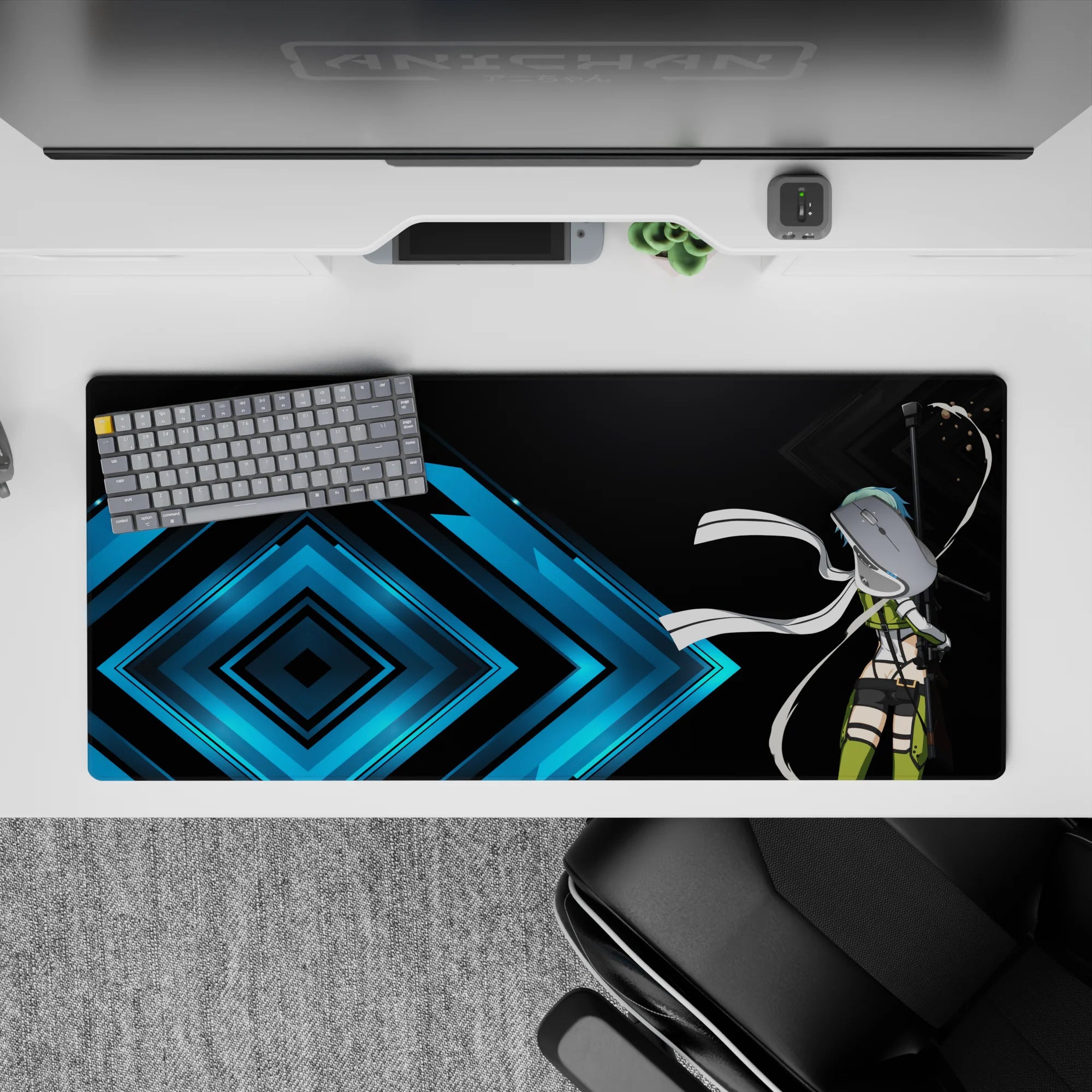 Anime desk pad 36x16 inches featuring Sinon from Sword Art Online, showcasing her poised aim amid electric blue and black hues.