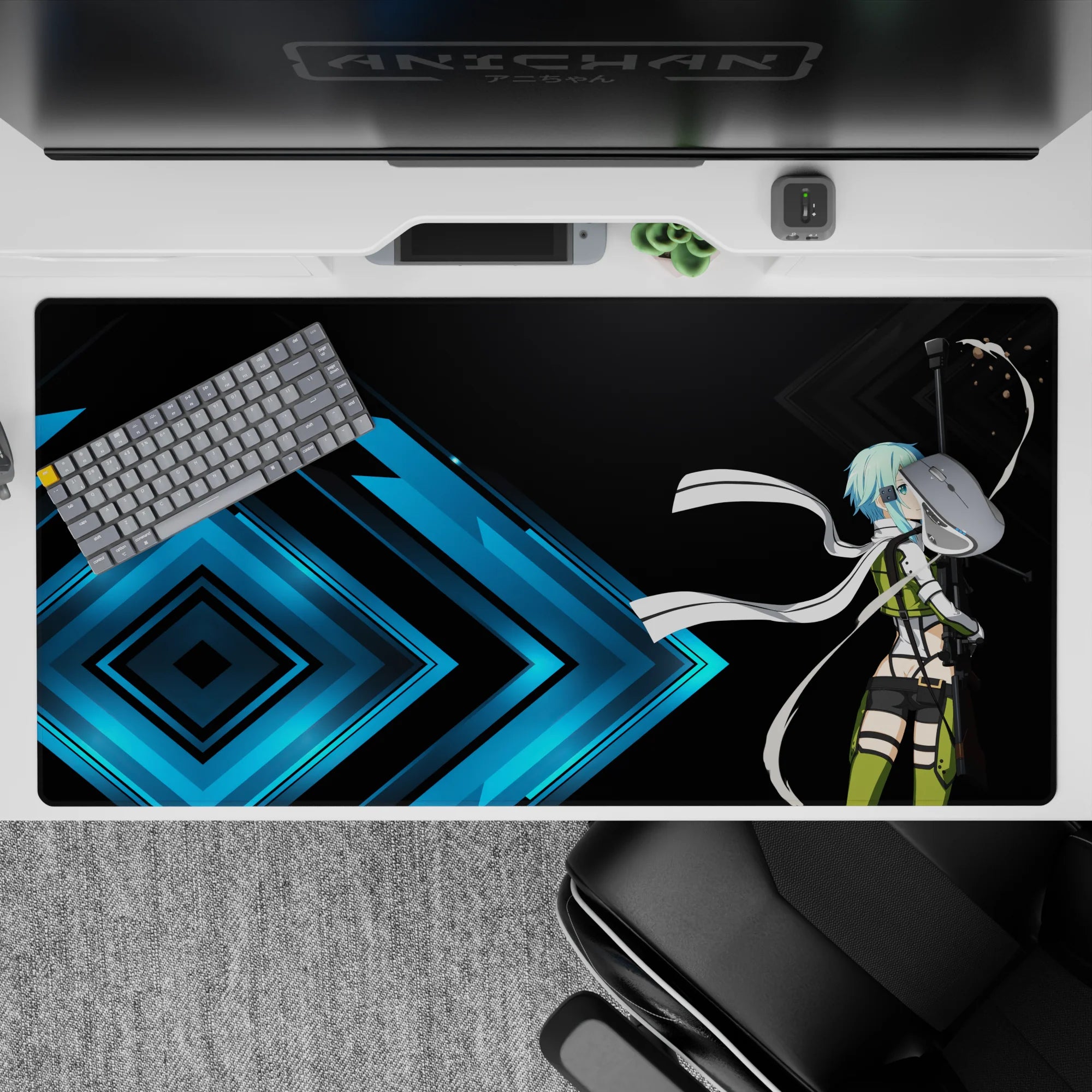 Anime mouse pad featuring Sinon from Sword Art Online, sized 40x20 inches, showcasing her poised with a sniper in electric blues.