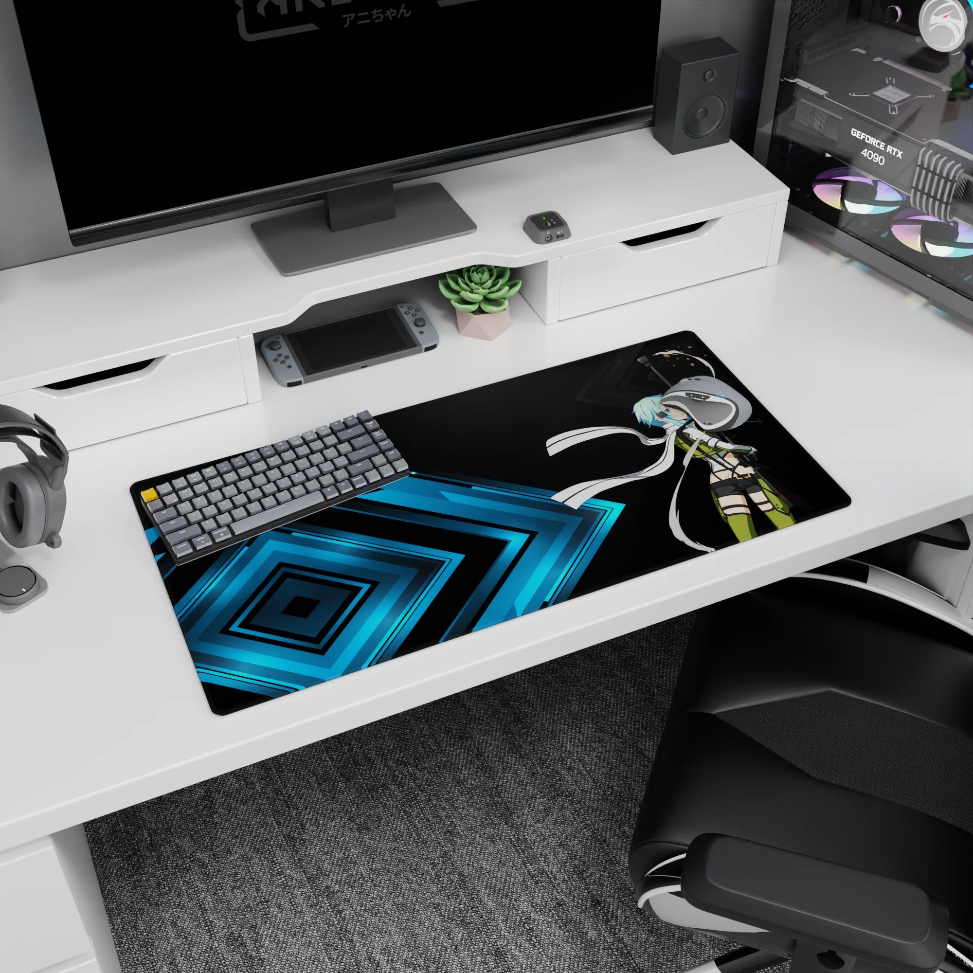 Anime mouse pad 32x16 inches featuring Sinon from Sword Art Online, with a cool blue backdrop and striking geometric design.