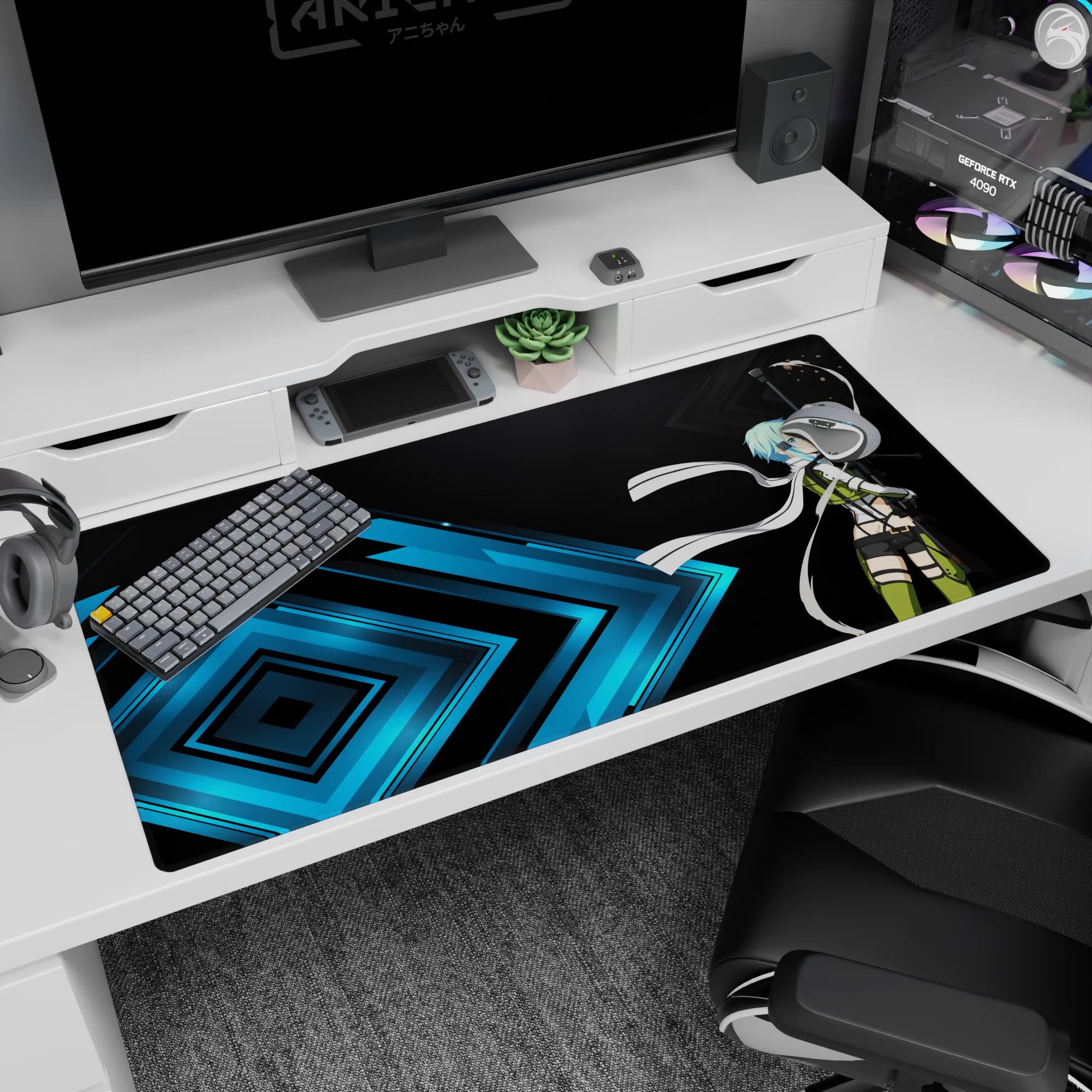 Anime mouse pad featuring Sinon from Sword Art Online, 40x20 inches, in electric blues with a striking black and cyan design.