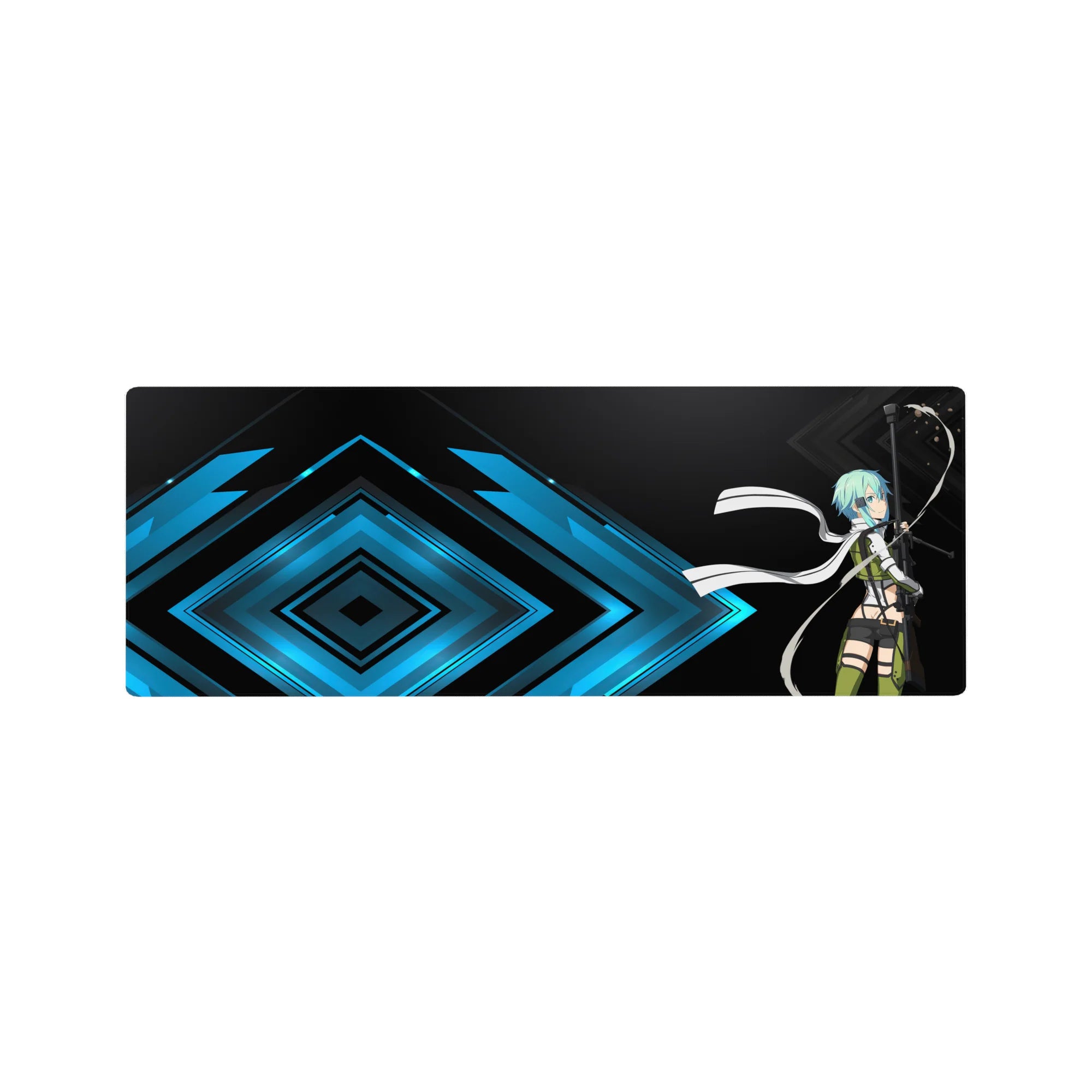 Anime mouse pad 32x12 inches featuring Sinon from Sword Art Online aiming with cool blue and black geometric background.