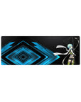 Anime mouse pad 32x12 inches featuring Sinon from Sword Art Online aiming with cool blue and black geometric background.