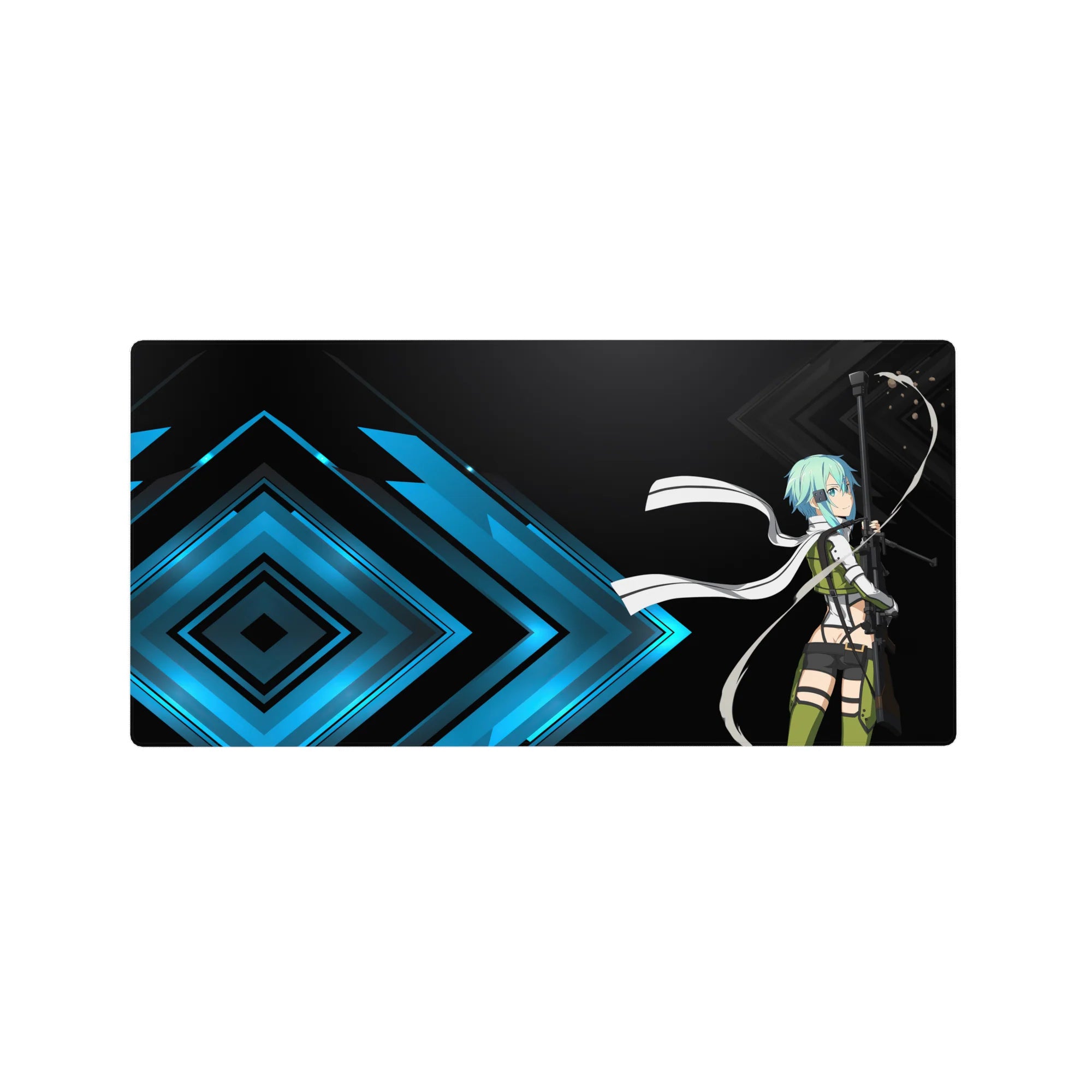Mouse pad 32x16 inches featuring Sinon from Sword Art Online, poised with rifle amidst electric blue geometric patterns.