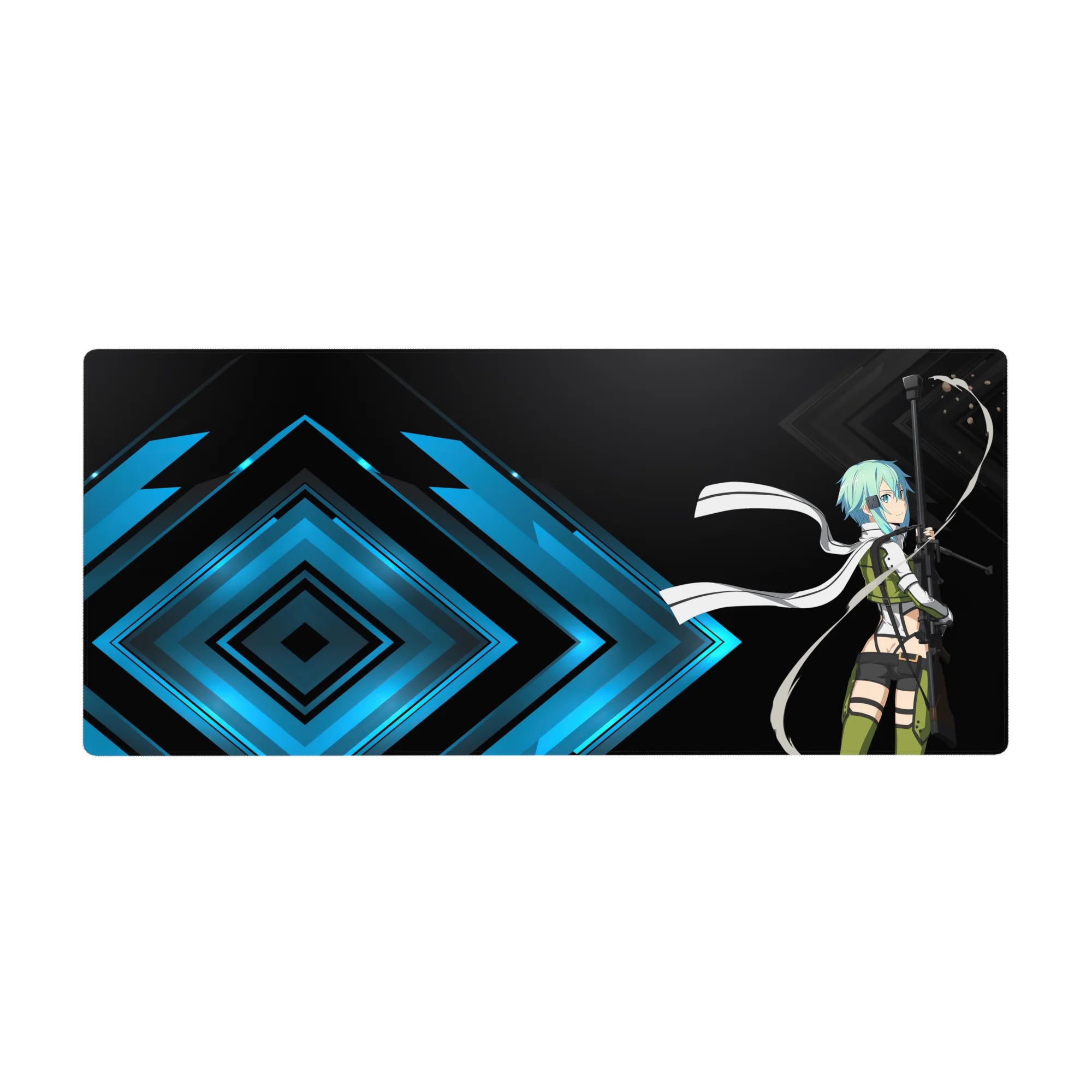 Anime desk pad 36x16 inches featuring Sinon from Sword Art Online aiming her sniper rifle, set against glowing electric blues.