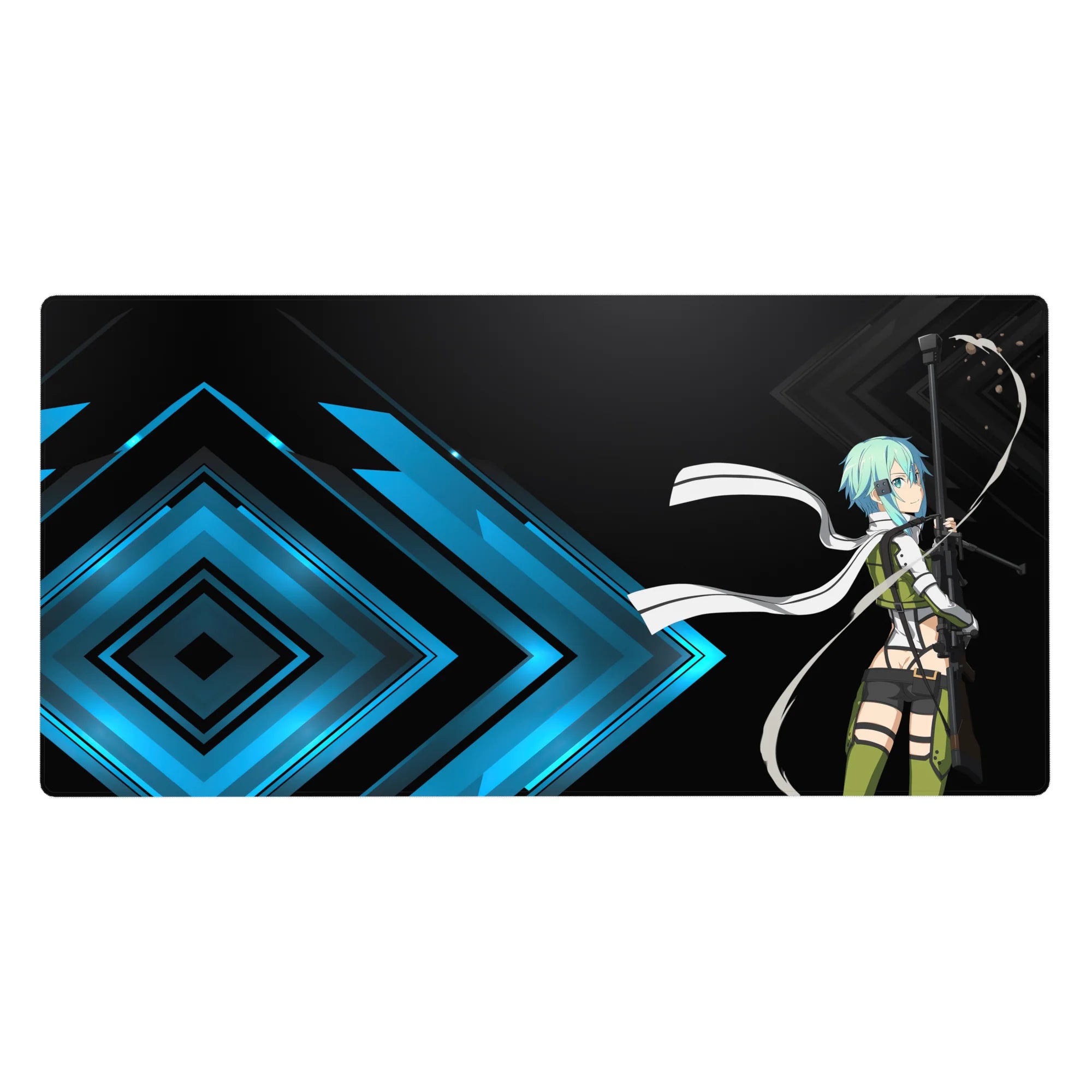 Sinon from Sword Art Online on a 40x20 inch anime mouse pad, featuring electric blues, geometric patterns, and a white scarf.