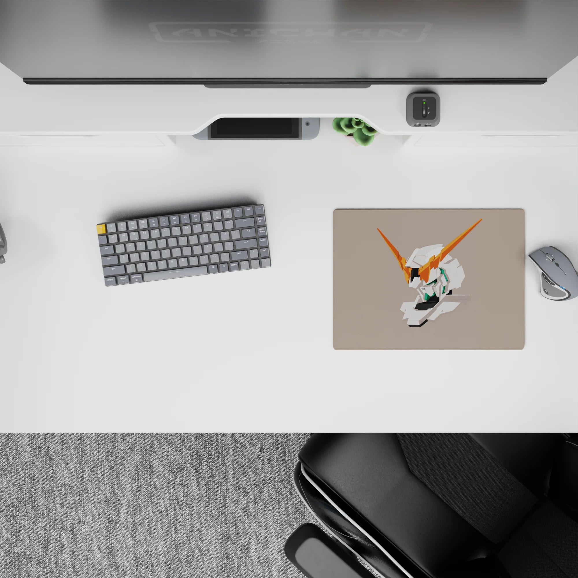 14x10 inches classic anime mouse pad in warm beige with white armor, orange V-fins, teal accents, calming vibe.