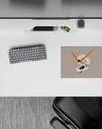 14x10 inches classic anime mouse pad in warm beige with white armor, orange V-fins, teal accents, calming vibe.