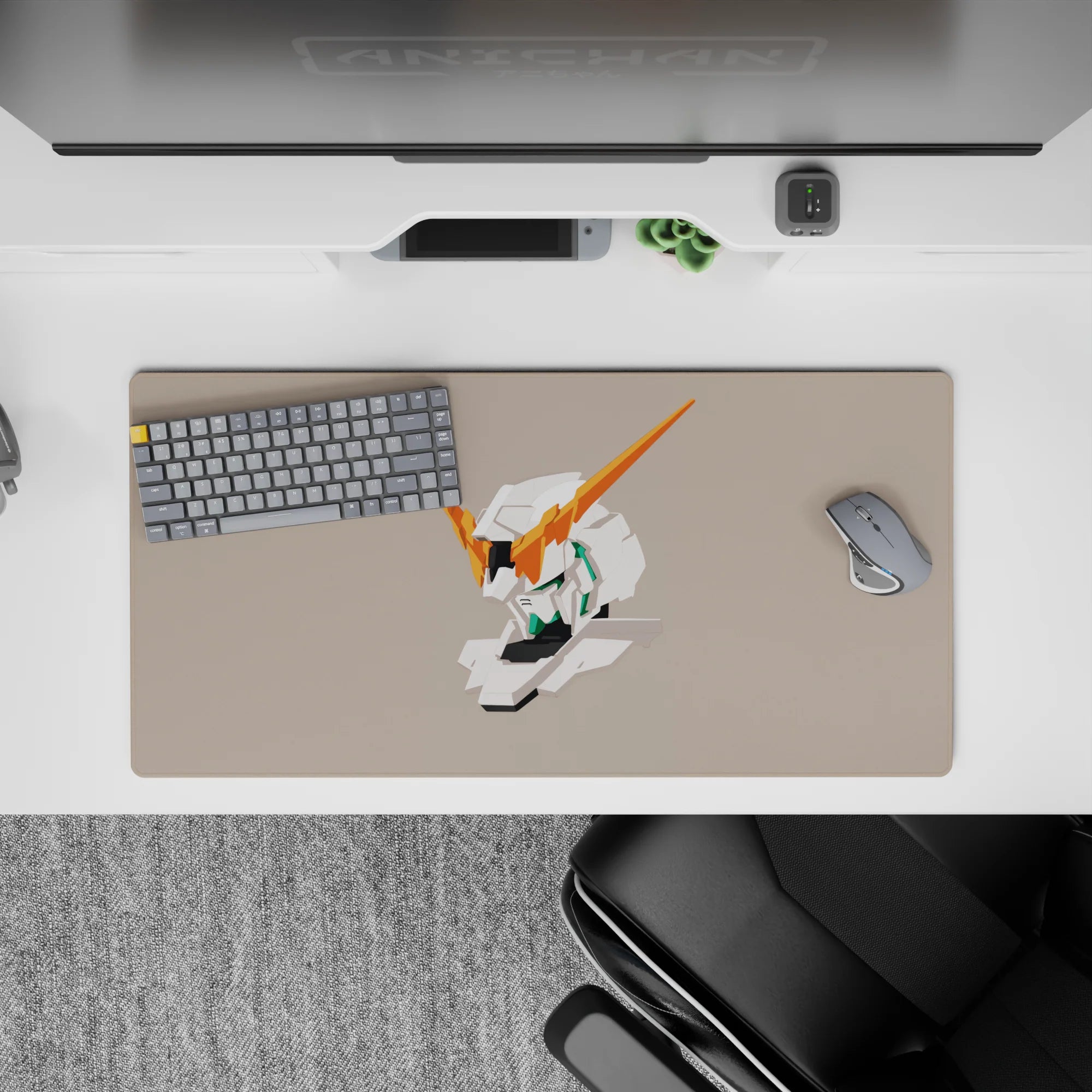 Warm beige and orange V-fin accents, calming minimalist anime mouse pad, 32x16 inches.
