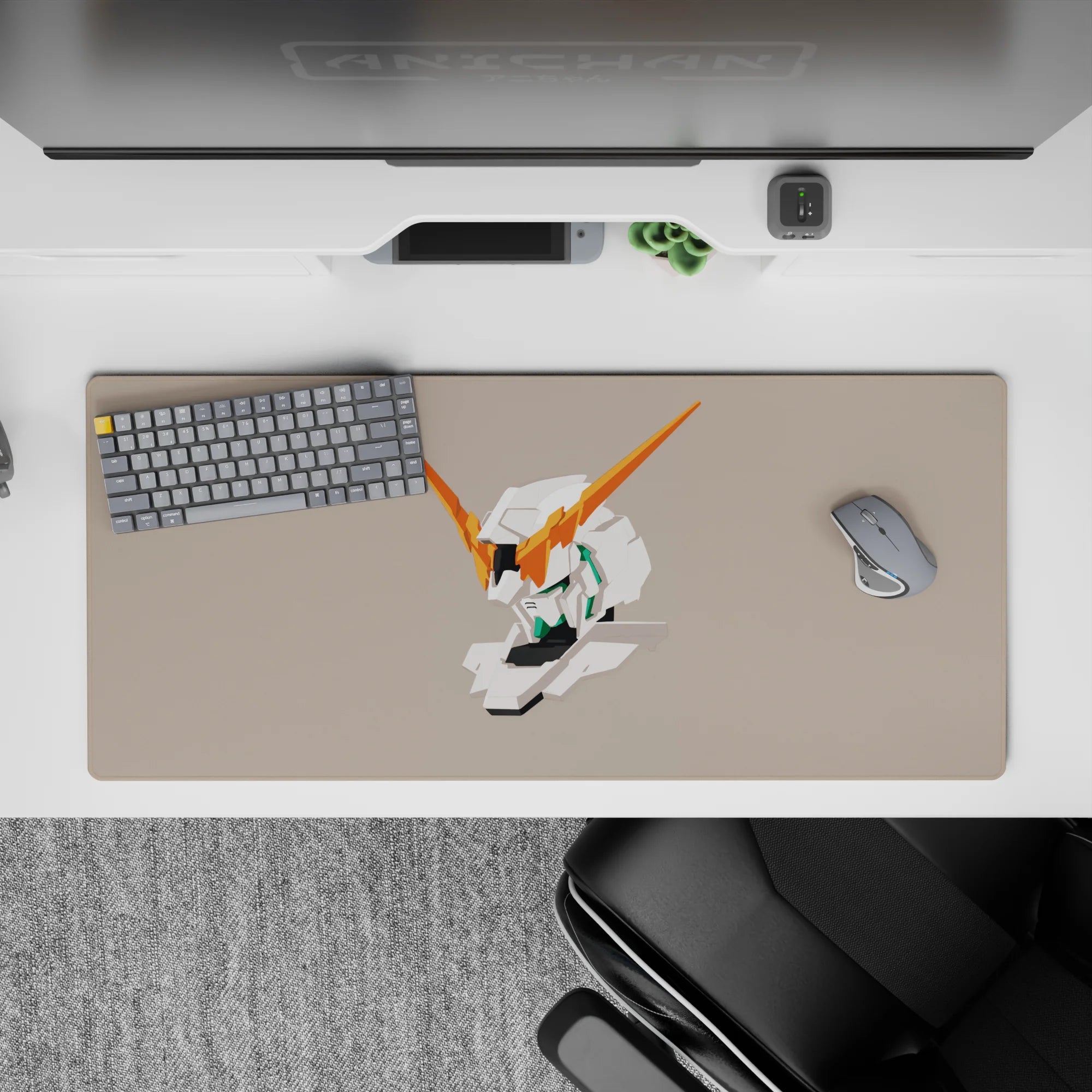Warm beige 36x16 inches anime desk pad with sharp orange V-fins, white armor, calm minimalist vibe.