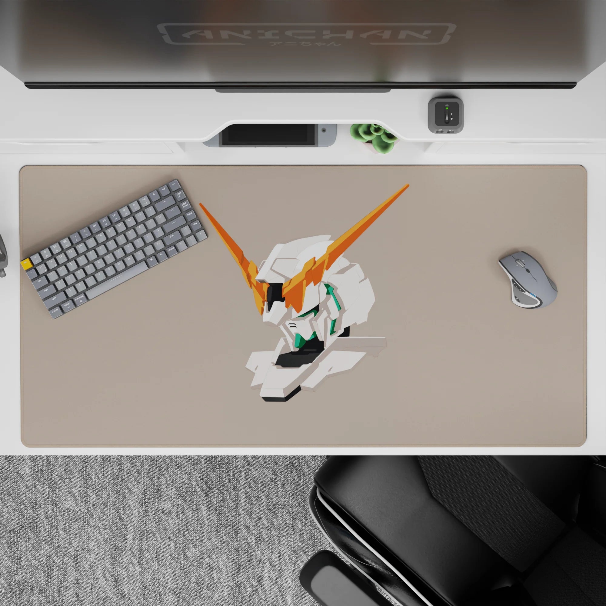 Calming warm beige anime desk pad with bright orange V-fins, white armor, teal accents, 40x20 inches.