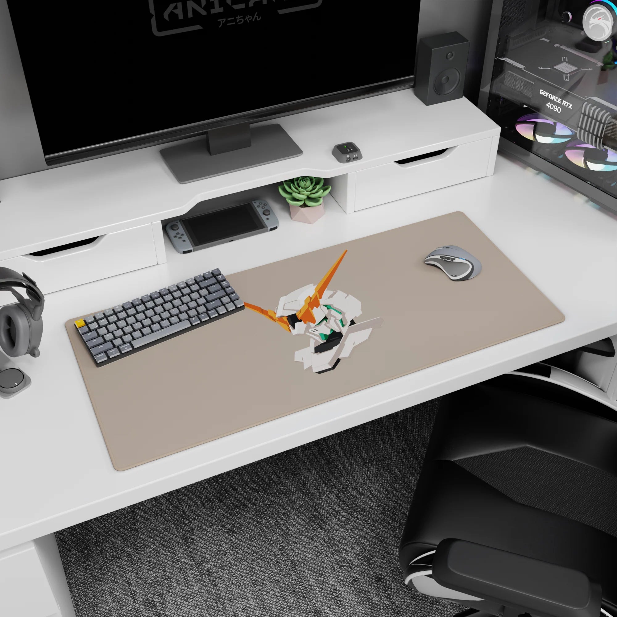Mobile Suit Gundam Unicorn 36x16 inches desk pad featuring Unicorn Gundam head with teal accents.